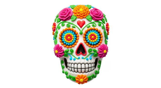 Colorful sugar skull decoration, vibrant floral design, festive memento.