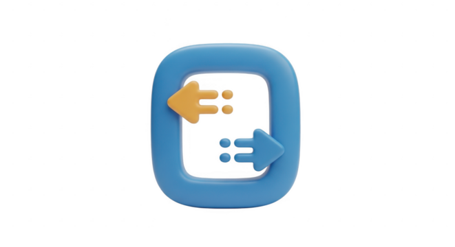 3d icon of a blue square with yellow and blue arrows pointing in opposite directions, isolated on transparent background, symbolizing exchange and transfer