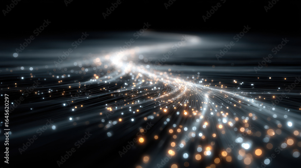 Poster conceptual illustration of digital twin technology with glowing data flows and interconnected system