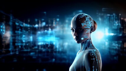 futuristic digital artwork featuring a female figure with a digital interface on her head and neck, set against a backdrop of a cityscape at night. The city is illuminated with blue lights. - Powered by Adobe