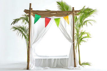 Decorated Sukkah with Palm Leaves Roof and Colorful Flags, Festive Design Isolated on White Background
