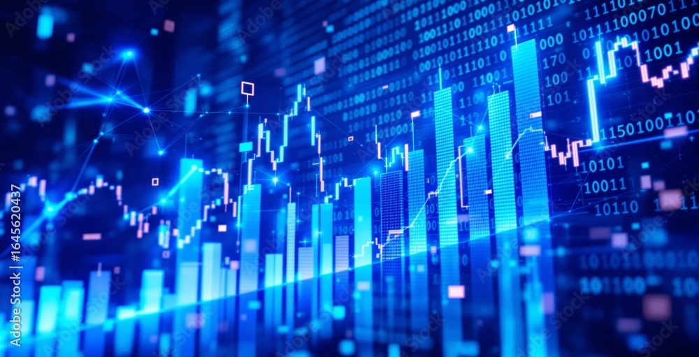 Poster digital stock market chart with glowing blue bars and data flow on abstract binary code background i