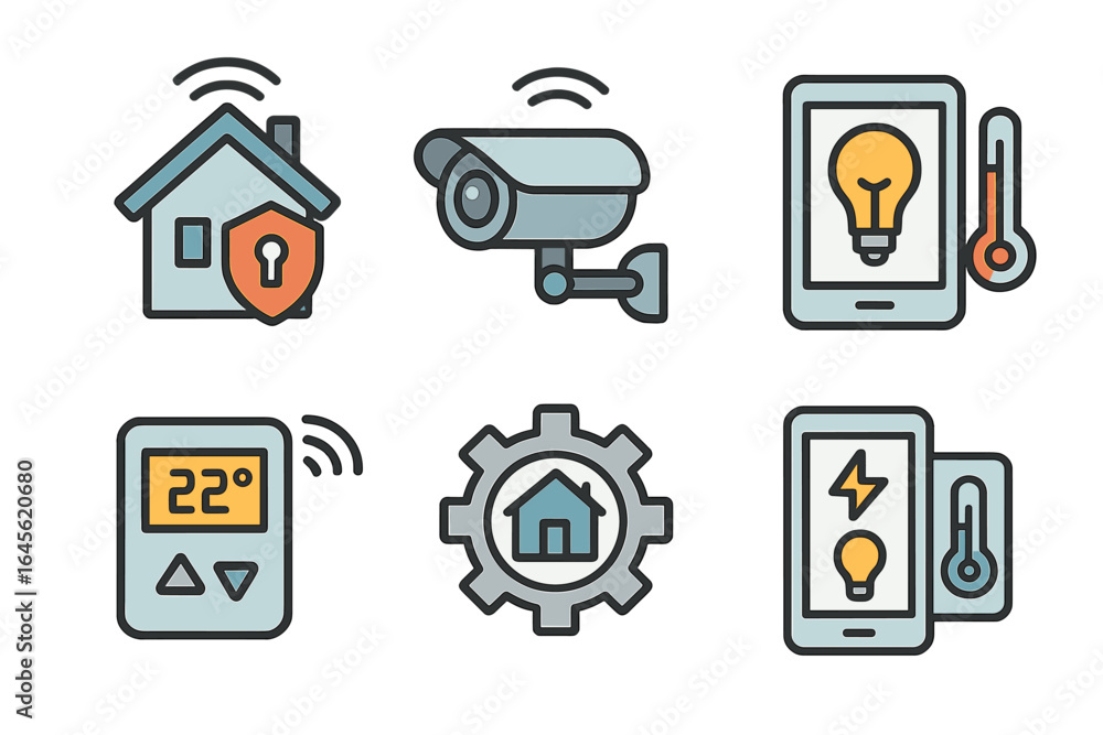 Poster smart home technology icon set for automation system. remote control for security camera, thermostat