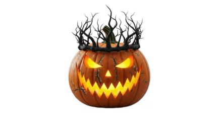 A carved jack-o'-lantern pumpkin, adorned with a crown of thorny branches, glows with an eerie light.