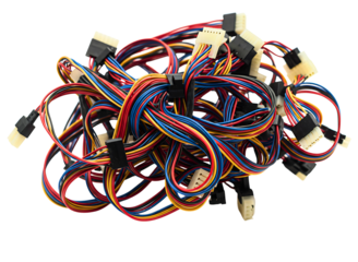 Bundle of computer power supply cables isolated on transparent background