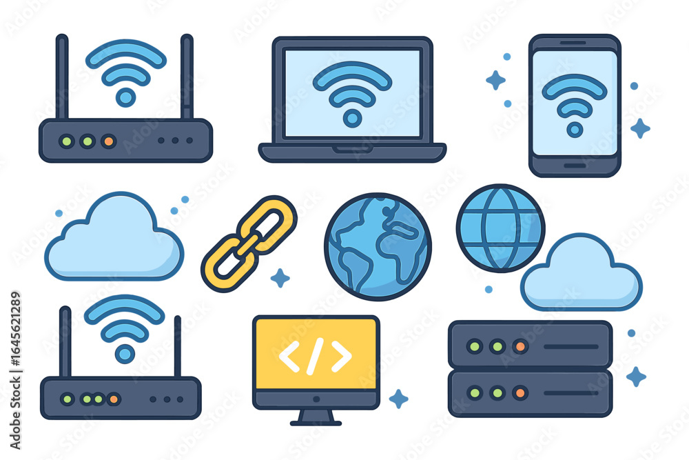 Poster technology icon set for web and mobile. flat vector illustration of wifi, cloud, server, laptop, and