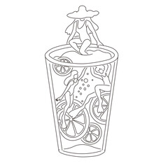 glass of summer drink with ice and people swimming inside in doodle style in vector. Element for design advertisement stickers posts poster print postcard banner menu decor backgrounds