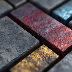 Close-up view of unique textured rare earth metallic ingots under futuristic lighting in an industrial setting