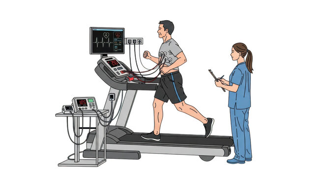 3d icon of a man on a treadmill undergoing a cardiac stress test, isolated on transparent background, with medical personnel monitoring his heart rate and vitals