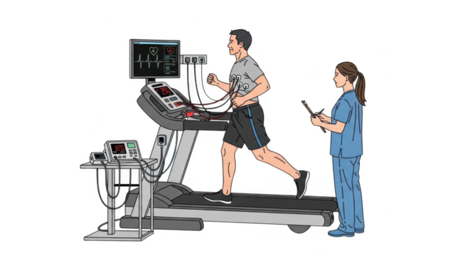 3d icon of a man on a treadmill undergoing a cardiac stress test, isolated on transparent background, with medical personnel monitoring his heart rate and vitals - Powered by Adobe