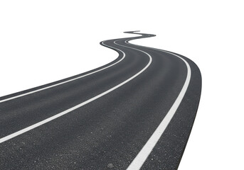 Winding asphalt road with white lines isolated on transparent background