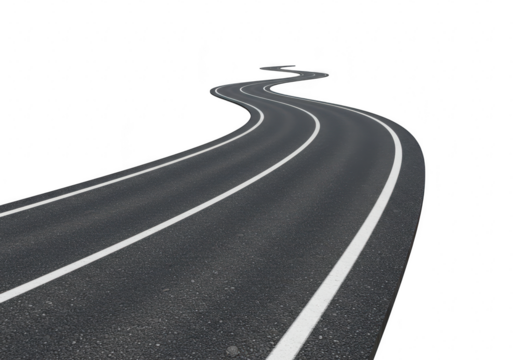 Winding asphalt road with white lines isolated on transparent background