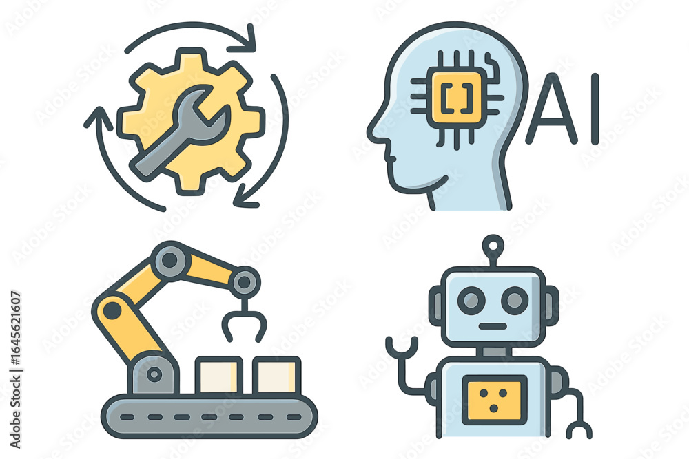 Poster ai and robotics icon set. automation technology for modern industry. artificial intelligence, indust