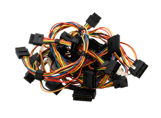 Bundle of computer power supply cables isolated on transparent background