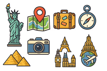 World travel icon set with famous landmarks. Vector cartoon illustration of journey essentials for adventure and exploration. Statue of Liberty, Eiffel Tower, Pyramids.