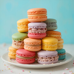 Colorful Assorted Macarons Stacked on White Plate