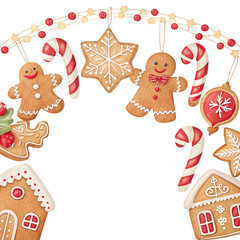 Fototapeta premium Christmas gingerbread cookies and candy canes isolated on transparent background