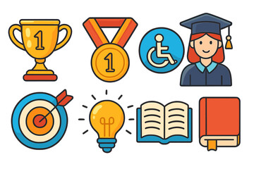 Vector icon set representing achievement, education, and accessibility. Includes graduate, trophy, medal, target, book, idea lightbulb, and disability symbol. Cartoon style.