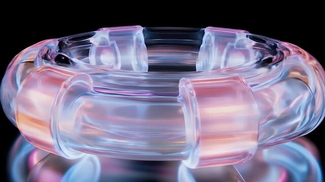 抽象的なトーラス形状の3Dレンダリング透明なガラス素材で光を屈折させサイエンスフィクションと技術的な美学を醸し出す黒い背景に分離されています
