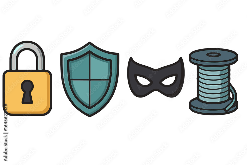 Poster cybersecurity icon set with padlock, shield, and hacker mask. vector symbols for data protection, in