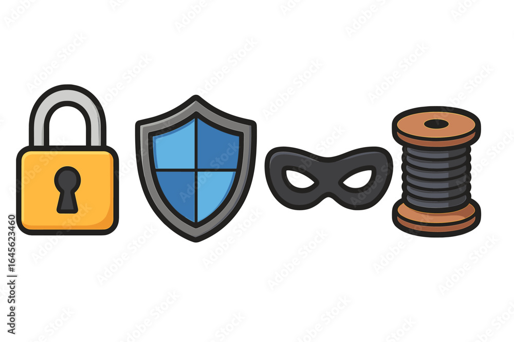 Poster cybersecurity icon set with padlock for safety and shield for protection. hacker mask for anonymity 