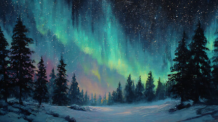 Aurora Borealis painting the night sky above a snowy field surrounded by dark green forest (3)