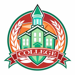 Fototapeta premium Vector art of college emblem with a building, laurel wreath, and banner, symbolizing education, learning, and academic achievement
