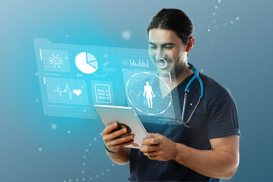 Healthcare professional uses tablet to access digital health information in modern medical setting