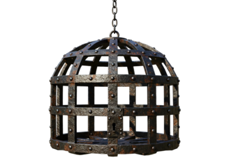 Antique medieval iron cage hanging isolated on transparent background