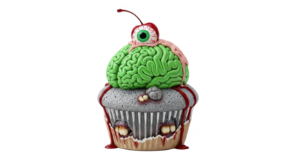 A spooky cupcake creation with a green brain, eyeball, and dripping red icing, isolated on white.