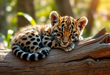 Adorable clouded leopard cub naps on a log in soft sunlight within a wildlife sanctuary, young, mammal