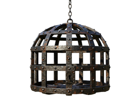 Antique medieval iron cage hanging isolated on transparent background