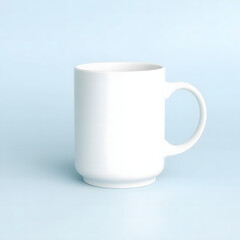 Fototapeta premium Pure Ceramic Mug on Light Blue Backdrop: This captivating image showcases a pristine, minimalist white ceramic mug, elegantly positioned against a soothing, soft light blue background.