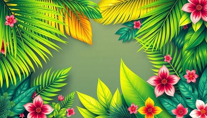 Vibrant tropical banner with palm leaves, floral, geometric patterns,  nature,  vibrant