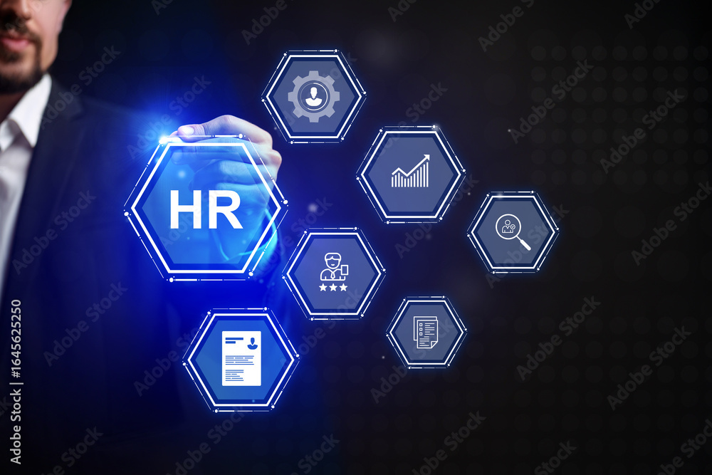 Poster human resources management concepts displayed through digital icons with a professional in a suit in
