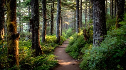 Obraz premium Forest path bathed in golden sunlight.