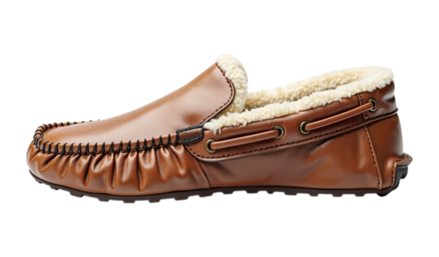 Men's classic brown leather driving moccasin with cozy sherpa fur lining for winter comfort, Isolated on Transparent and White Background