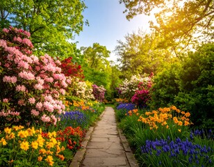 Obraz premium Sunlit garden path bordered by vibrant blooming flowers and lush greenery
