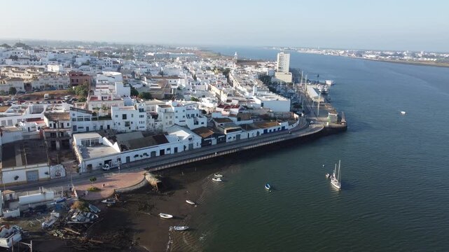 Aerial view of Rio Guadiana with Ayamonte in Spain . High quality 4k footage