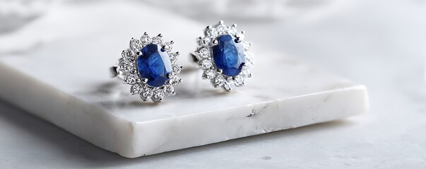 Sapphire earrings on white marble slab with silver lighting and clean background