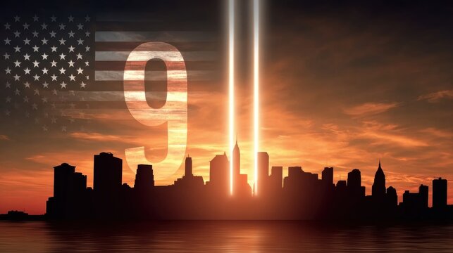 New York city skyline with 9 11 tribute lights at sunset