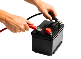 Hands connecting jumper cables to a car battery isolated on transparent background