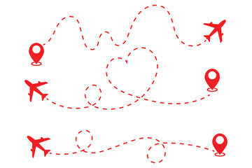 Airplane line path icon of air plane flight route with start point and dash dotted line trace. Love travel route. Airplane routes. Travel icon.