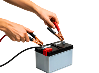 Hands connecting jumper cables to a car battery isolated on transparent background