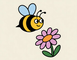 Cute cartoon bee flying towards a pink flower with green stem and leaves