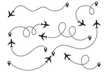 
Airplane dotted route line set. Airplane dashed line path flat style design isolated on white background. plane icon follow from start pin point to finish by dashed line. Airplane route trace flight