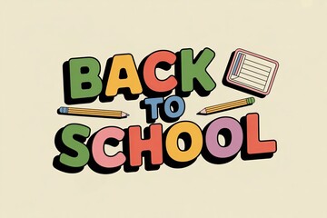 Back to school message with colorful letters, stationery items and notebook on beige background for education, learning and classroom season concept