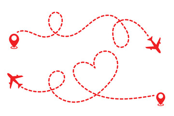 Airplane line path icon of air plane flight route with start point and dash dotted line trace. Love travel route. Airplane routes. Travel icon.
