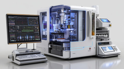 Fototapeta premium Automated laboratory workstation with computer monitor displaying data, advanced scientific equipment for research and analysis in clean environment