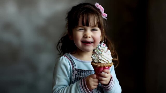 A young girl with a joyful expression holds a cupcake close to her mouth, seemingly savoring its taste. The cupcake is a multicolored frosting with sprinkles.